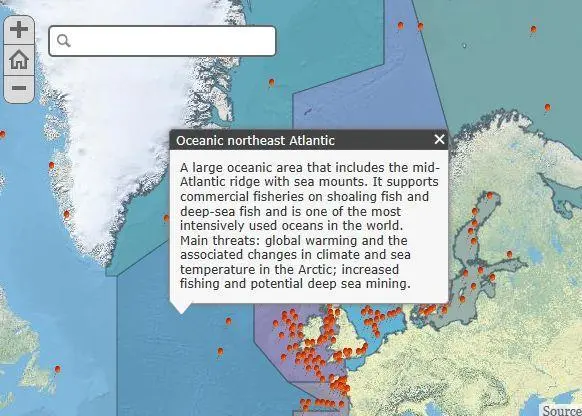 The map displays the popular advice for each fish stock within the various ICES ecoregions
