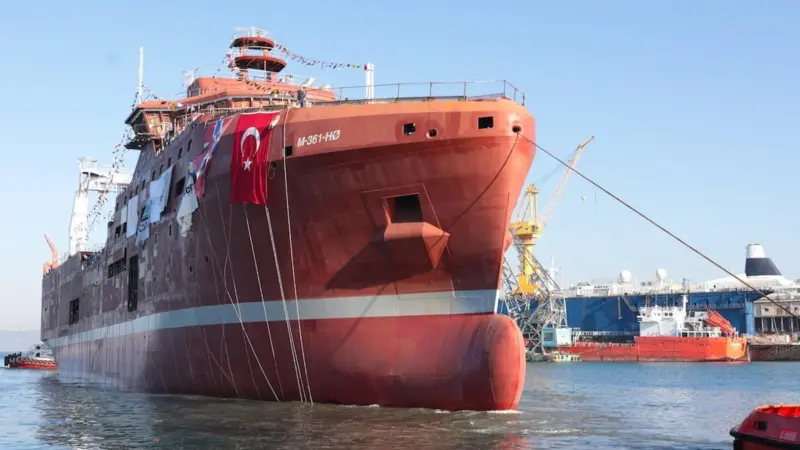 Rimfrost’s new krill catcher/processor has been floated off at the Tersan yard in Turkey. Photo: Tersan Shipyard