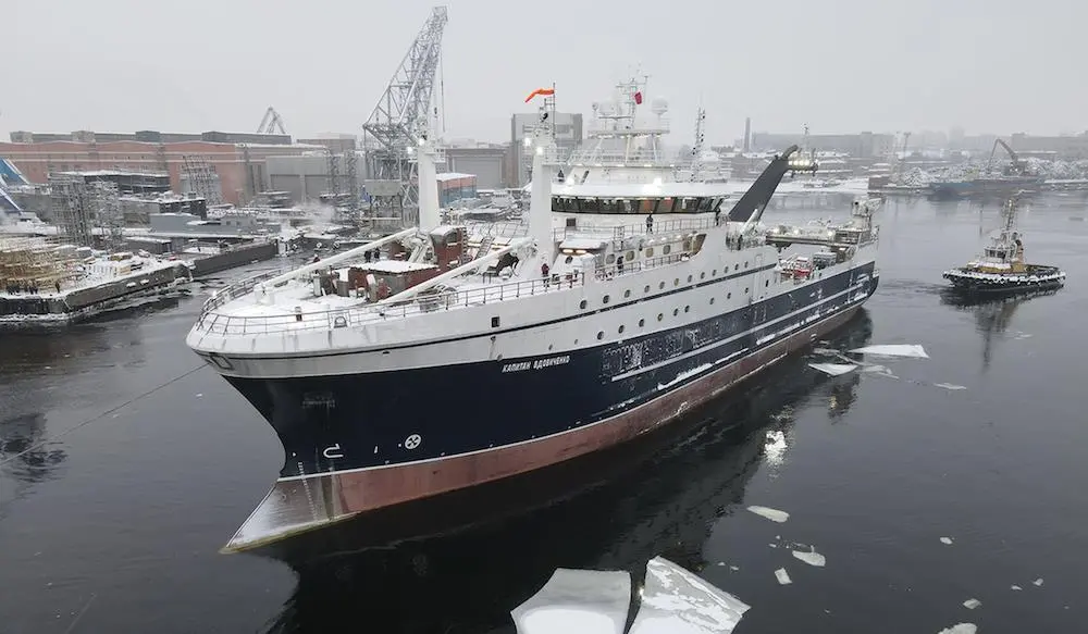 RFC’s new factory trawler Kapitan Vdovichenko leaving the Admiralty Shipyard for its first sea trials. Photo: USC