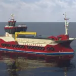 Artist’s impression of ‘Margaret McKenzie’, Parkol Marine Engineering New Build 073, a hybrid fish feed carrier being constructed for Inverlussa Marine Services