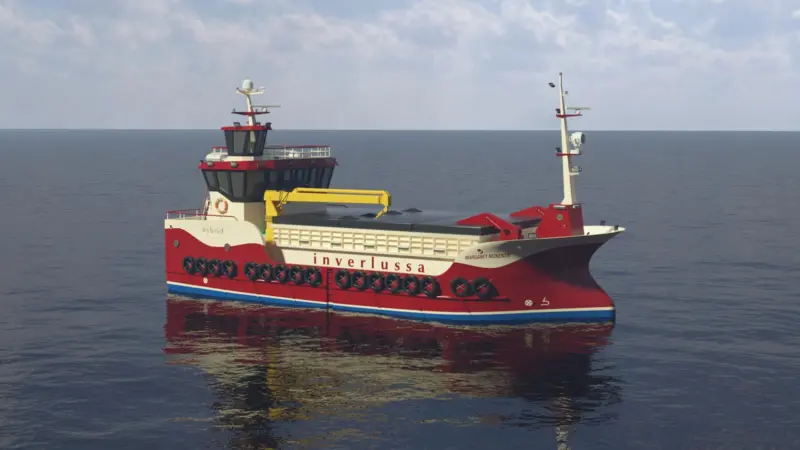 Artist’s impression of ‘Margaret McKenzie’, Parkol Marine Engineering New Build 073, a hybrid fish feed carrier being constructed for Inverlussa Marine Services