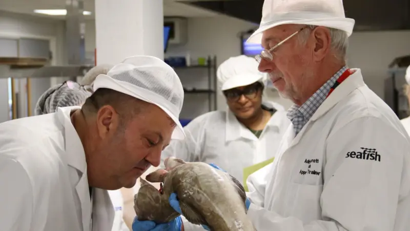 A training participant smells a fish to determine its quality